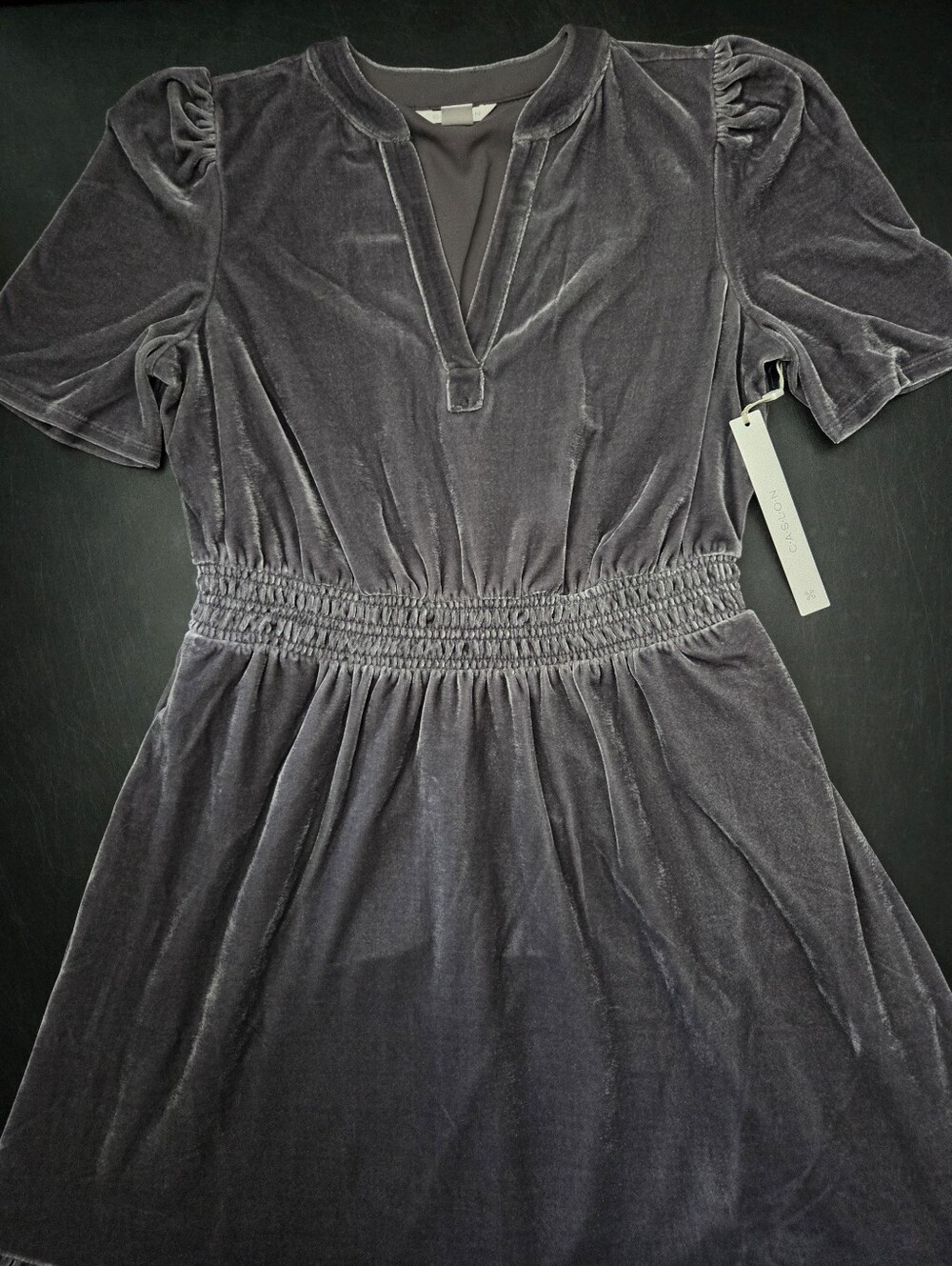 NWT - Caslon Grey Stretch Plush Velour Smocked Waist Fully Lined Midi Dress - S - Picture 9 of 16